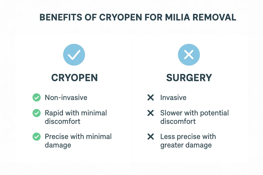 Benefits of cryopen for milia removal Witney compared to surgical treatments.