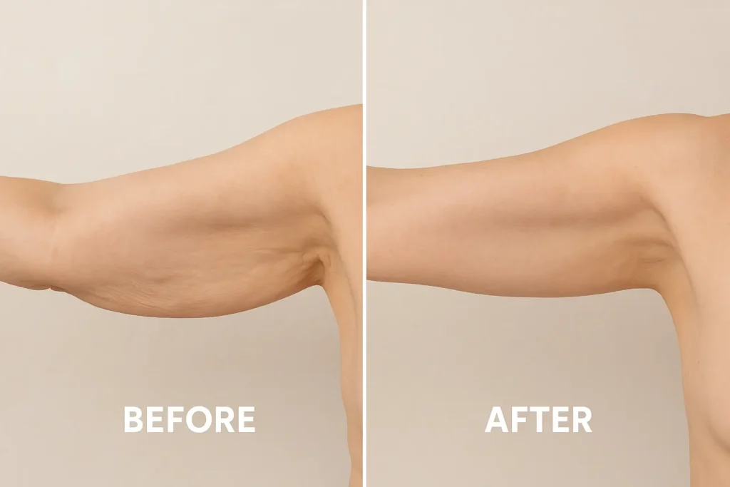 Picture of LA LIPO Witney before and after results of skin tightening treatment on the upper arms.