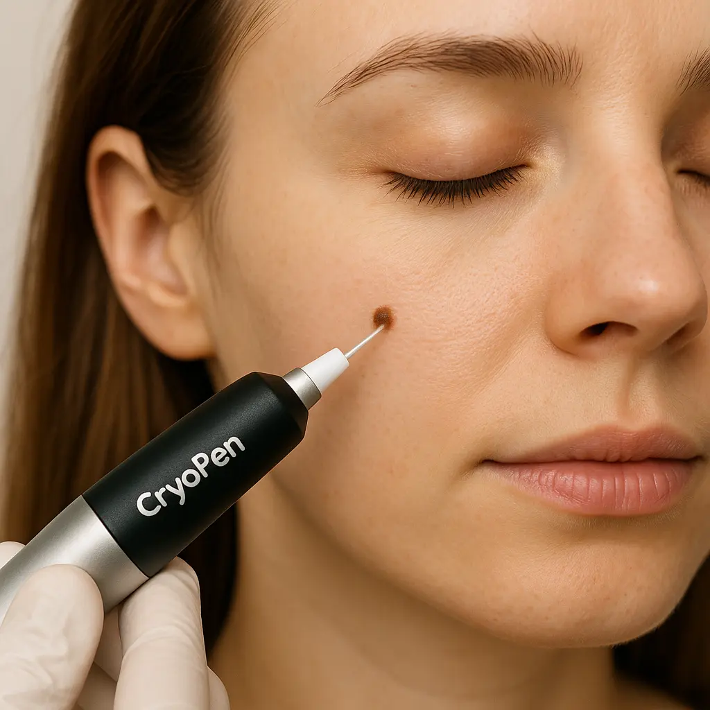 woman receiving facial mole removal Witney using cryopen 