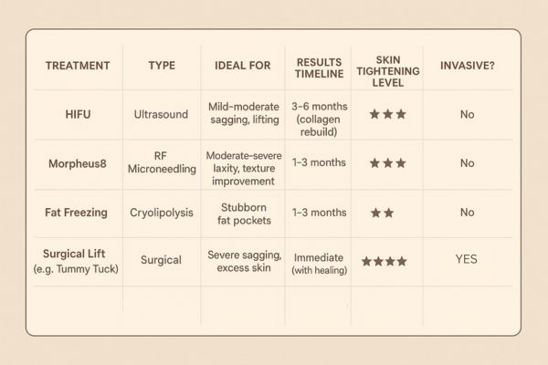 Table showing the comparisons of Skin tightening Witney treatment options.